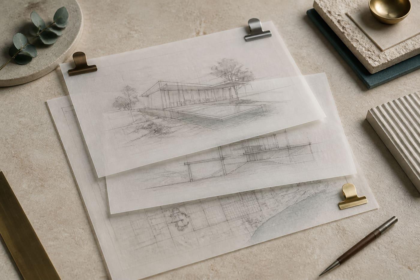 Stacked translucent drawings clipped in bronze, silver and gold, suggesting deeper layers of examination.