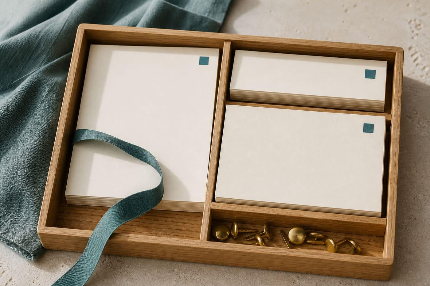 Editorial still life of blank cream index cards arranged in a wooden tray with a teal ribbon.