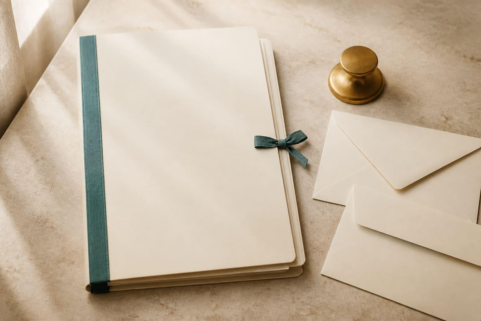 A single cream evidence folder bound with teal tape, beside blank envelopes on a stone surface.