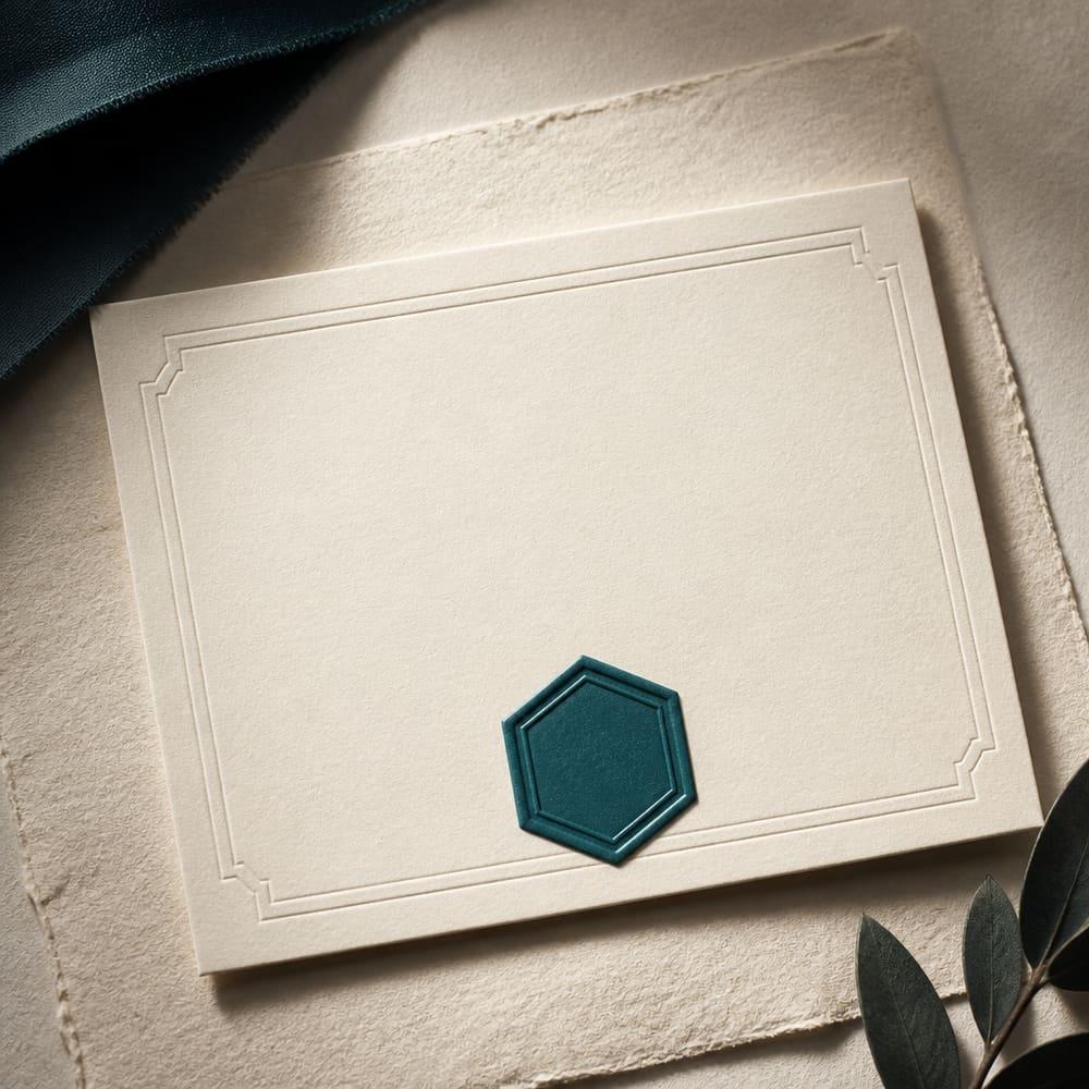 Close photograph of a raised teal hexagonal seal on cream paper.